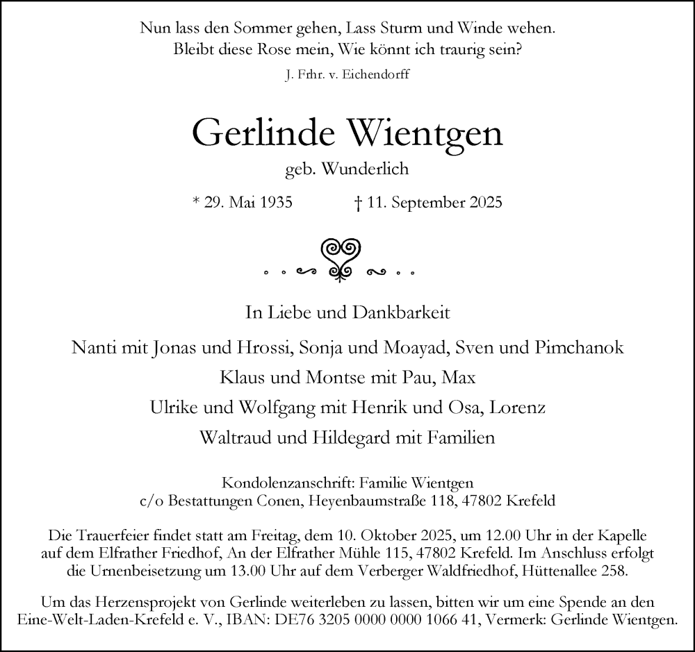  Traueranzeige für Gerlinde Wientgen vom 04.10.2025 aus Rheinische Post