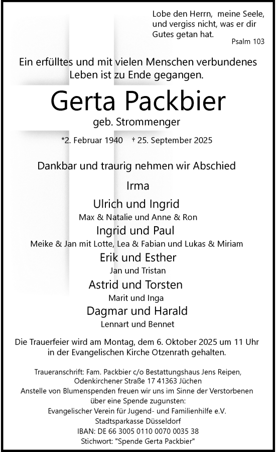 Traueranzeige von Gerta Packbier von Rheinische Post