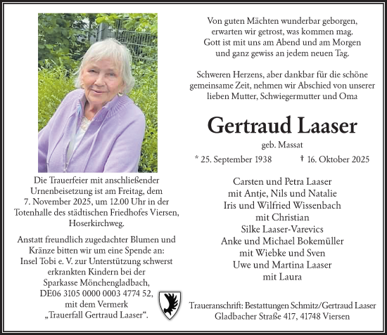 Traueranzeige von Gertraud Laaser von Rheinische Post