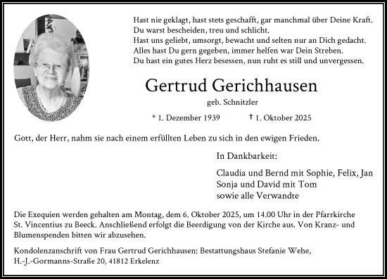Traueranzeige von Gertrud Gerichhausen von Rheinische Post