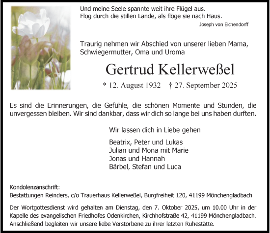 Traueranzeige von Gertrud Kellerweßel von Rheinische Post