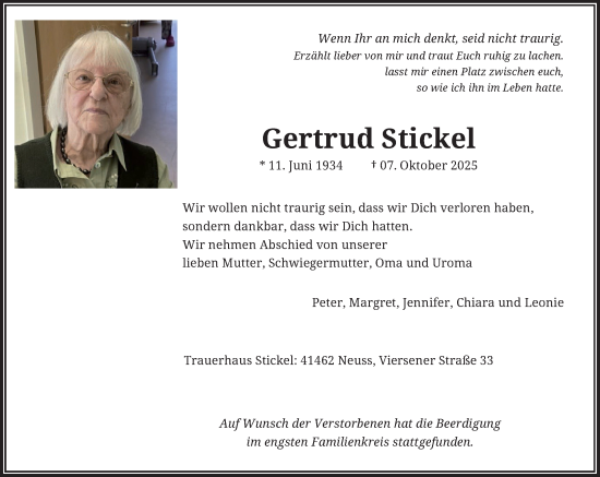 Traueranzeige von Gertrud Stickel von Rheinische Post