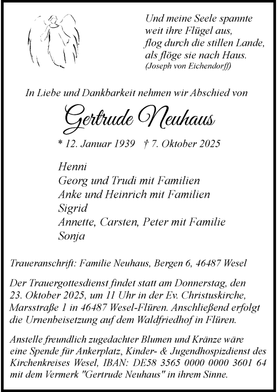 Traueranzeige von Gertrude Neuhaus von Rheinische Post