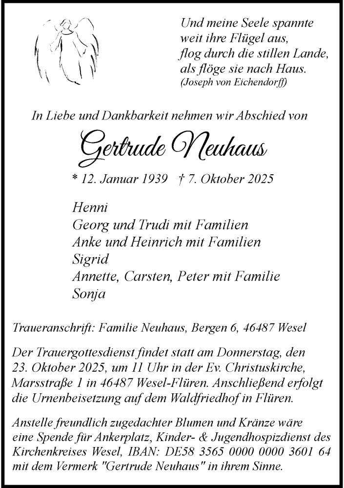  Traueranzeige für Gertrude Neuhaus vom 11.10.2025 aus Rheinische Post