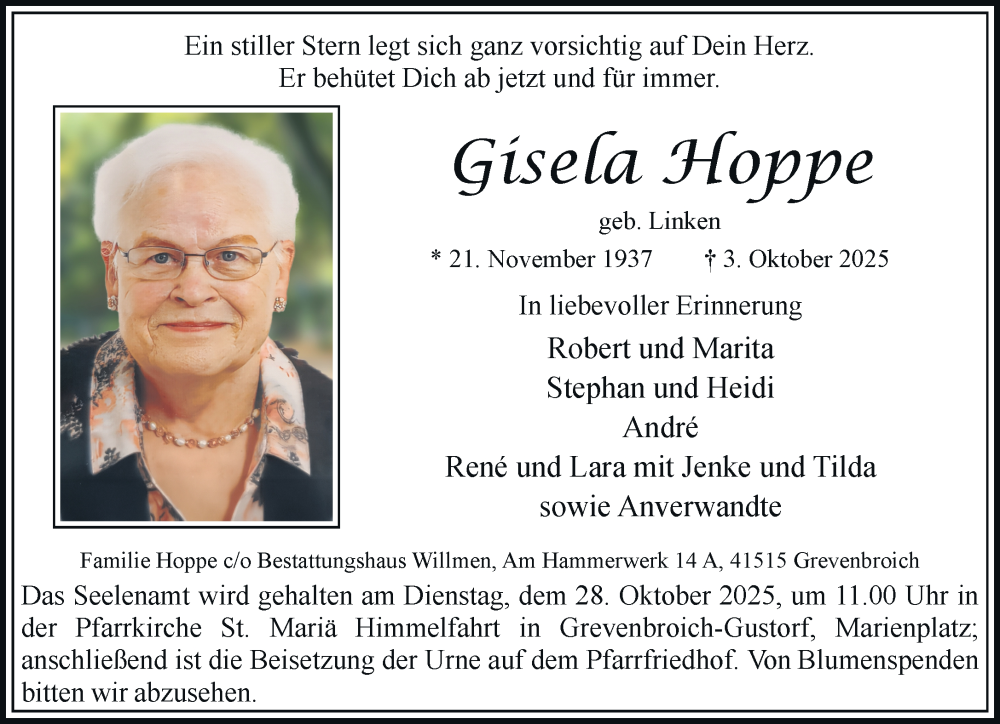  Traueranzeige für Gisela Hoppe vom 18.10.2025 aus Rheinische Post