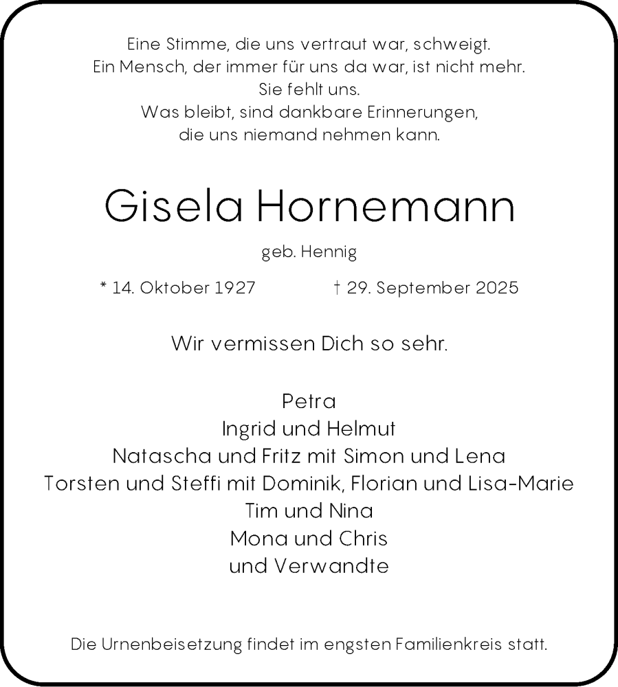  Traueranzeige für Gisela Hornemann vom 18.10.2025 aus Rheinische Post