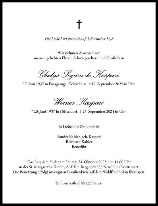 Traueranzeige von Gladys und Werner Kaspari von Rheinische Post