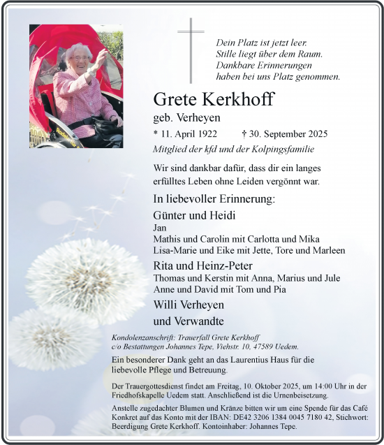 Traueranzeige von Grete Kerkhoff von Rheinische Post