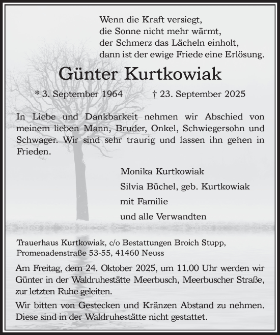 Traueranzeige von Günter Kurtkowiak von Rheinische Post