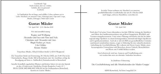 Traueranzeige von Gustav Mäuler von Rheinische Post