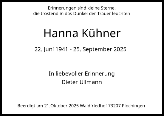Traueranzeige von Hanna Kühner von Rheinische Post