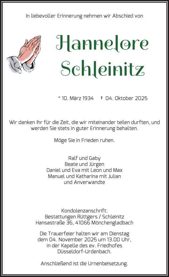 Traueranzeige von Hannelore Schleinitz von Rheinische Post