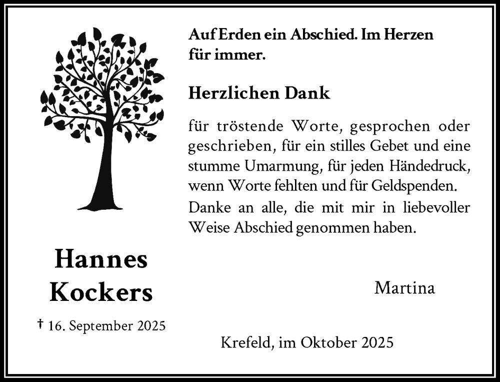 Traueranzeige für Hannes Kockers vom 18.10.2025 aus Rheinische Post