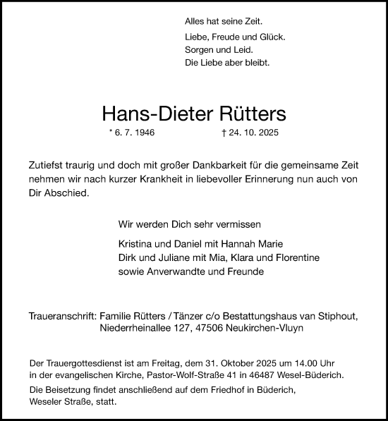 Traueranzeige von Hans-Dieter Rütters von Rheinische Post