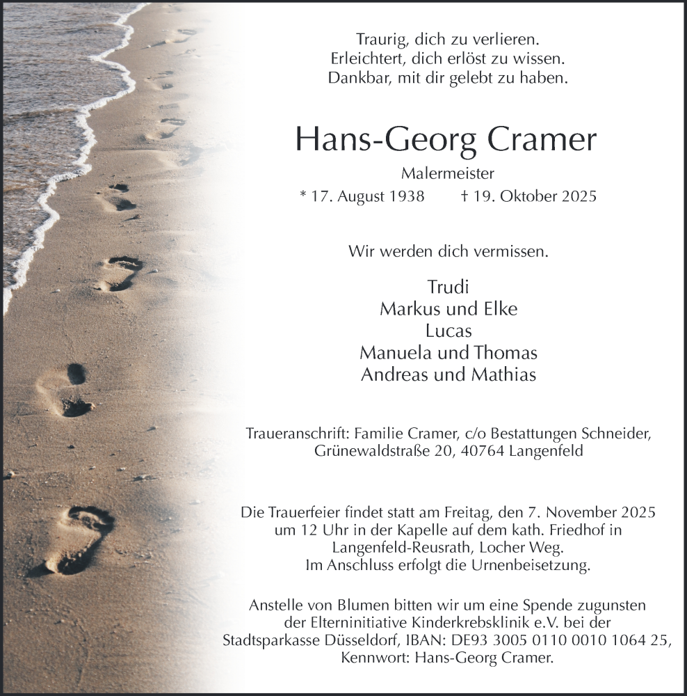  Traueranzeige für Hans-Georg Cramer vom 25.10.2025 aus Rheinische Post