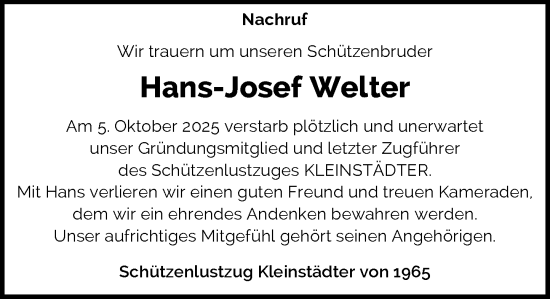 Traueranzeige von Hans-Josef Welter von Rheinische Post