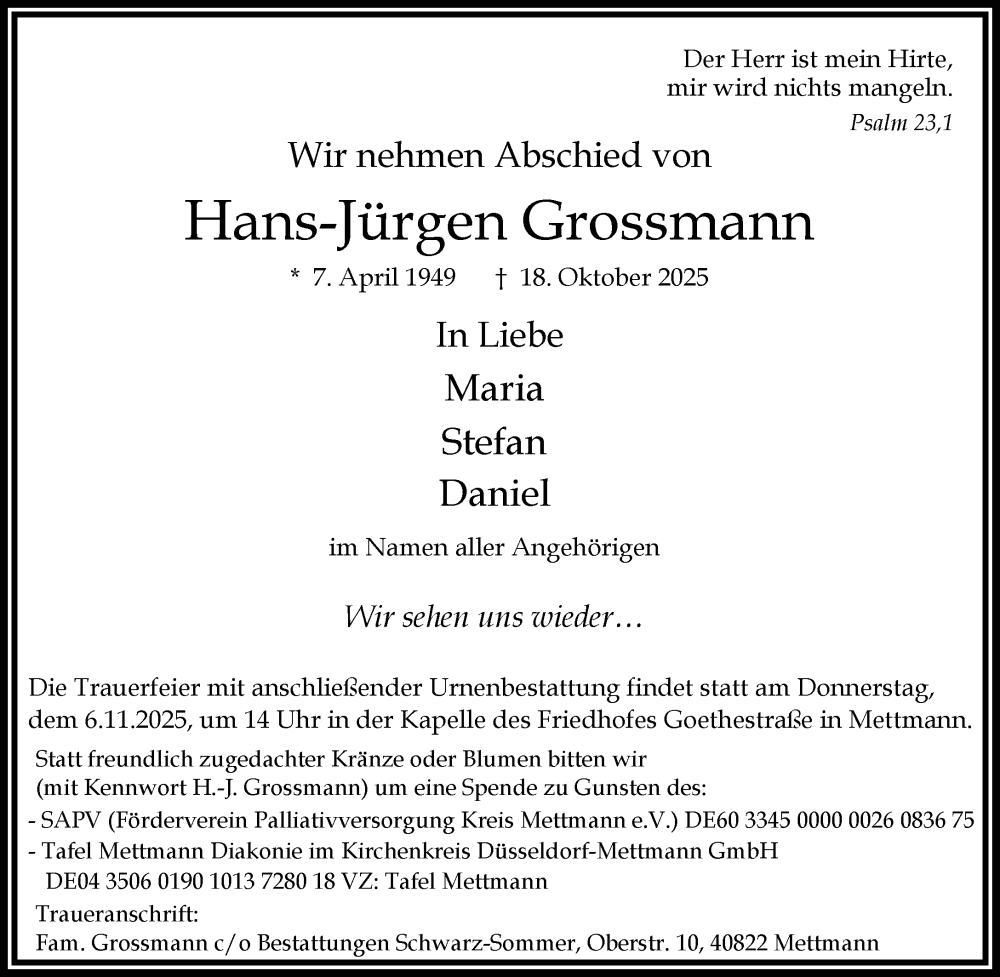  Traueranzeige für Hans-Jürgen Grossmann vom 25.10.2025 aus Rheinische Post
