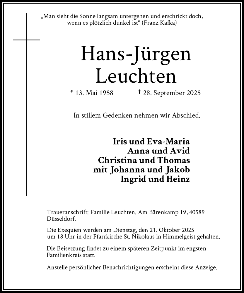  Traueranzeige für Hans-Jürgen Leuchten vom 04.10.2025 aus Rheinische Post