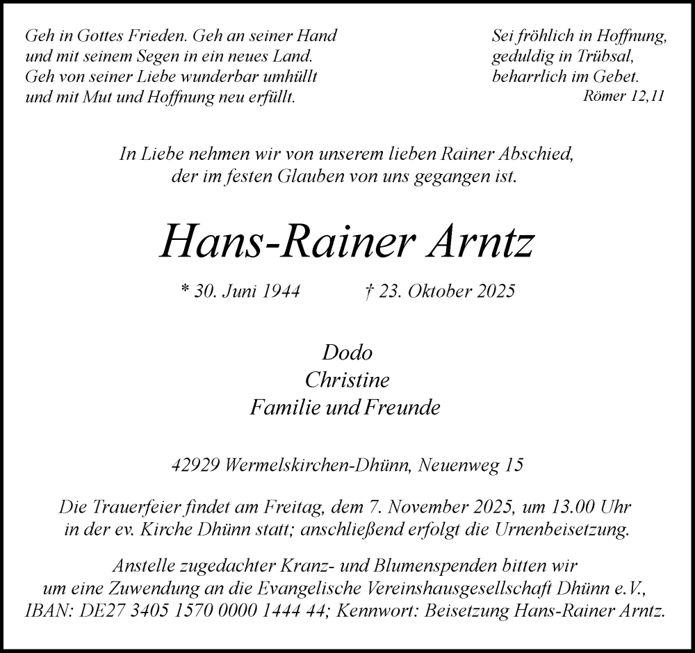  Traueranzeige für Hans-Rainer Arntz vom 01.11.2025 aus Rheinische Post