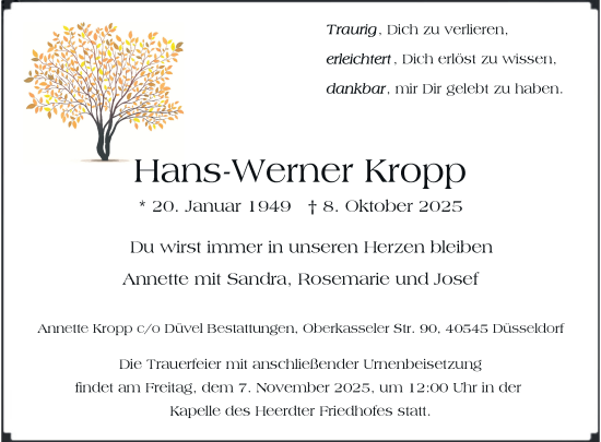 Traueranzeige von Hans-Werner Kropp von Rheinische Post
