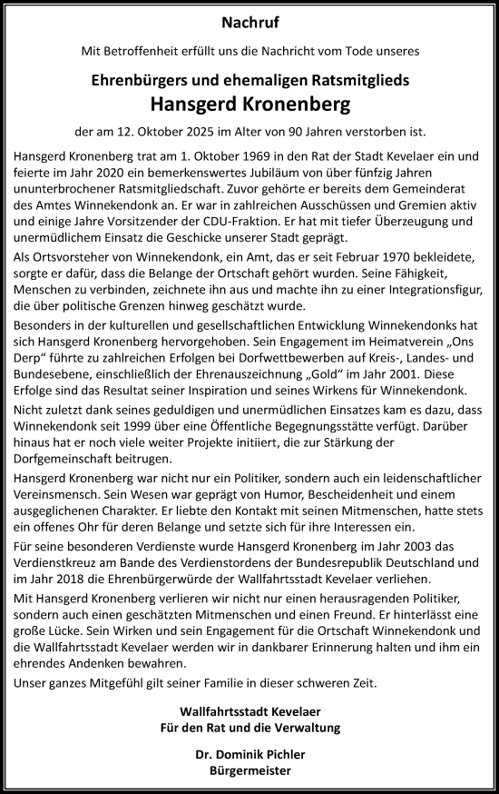 Traueranzeige von Hansgerd Kronenberg von Rheinische Post