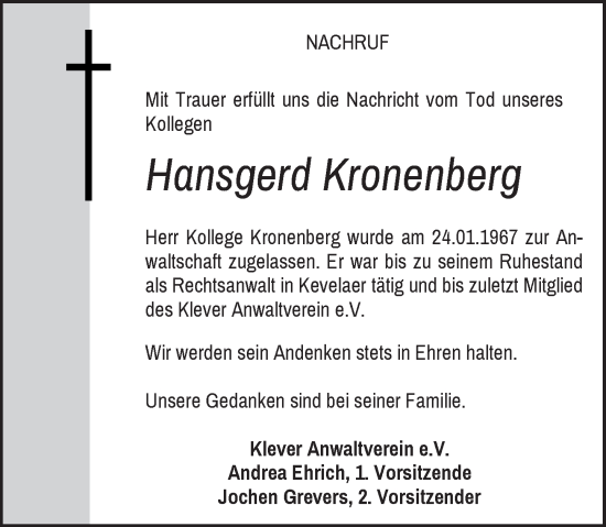 Traueranzeige von Hansgerd Kronenberg von Rheinische Post