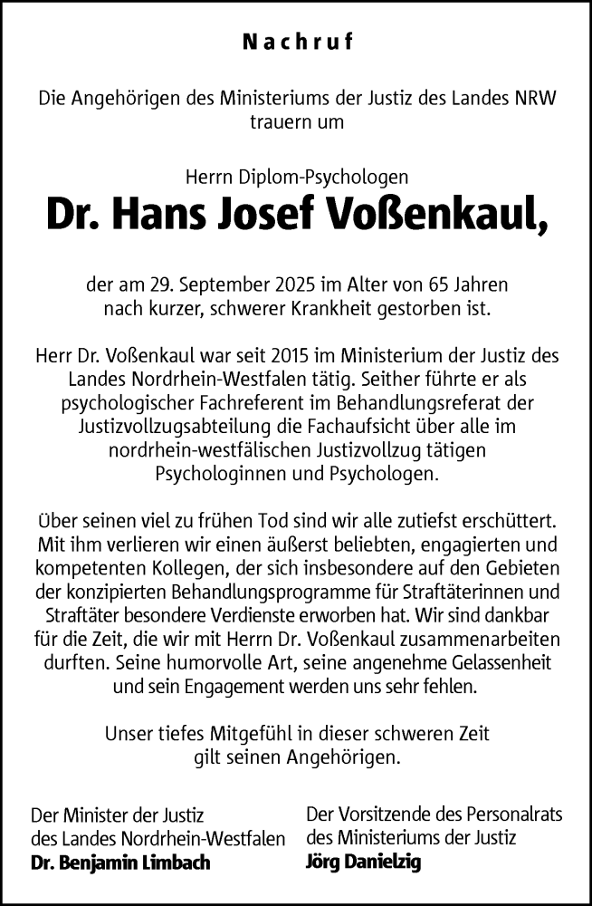  Traueranzeige für Hans Josef Voßenkaul vom 11.10.2025 aus Rheinische Post