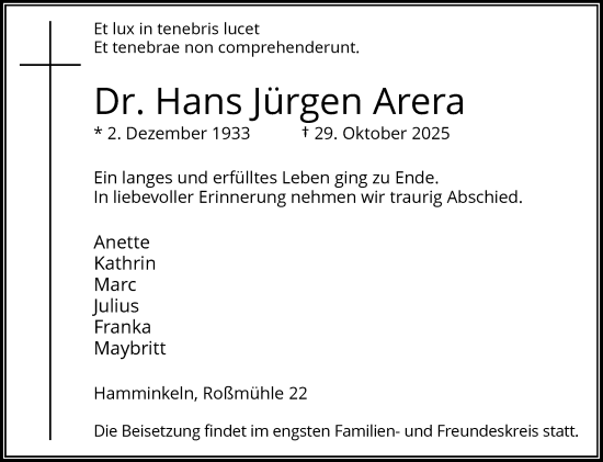 Traueranzeige von Hans Jürgen Arera von Rheinische Post