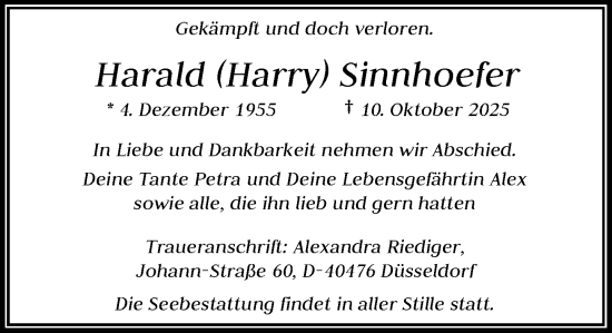Traueranzeige von Harald Sinnhoefer von Rheinische Post