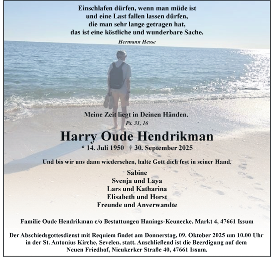 Traueranzeige von Harry Oude Hendrikman von Rheinische Post