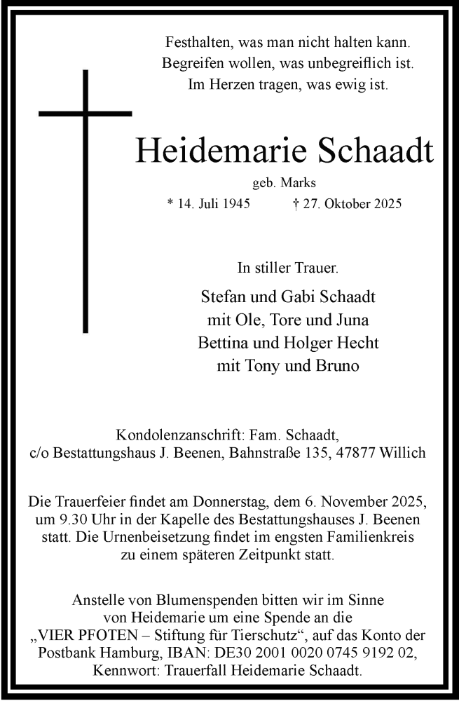  Traueranzeige für Heidemarie Schaadt vom 01.11.2025 aus Rheinische Post