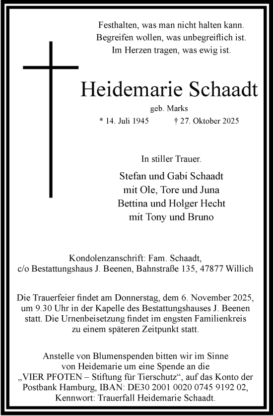 Traueranzeige von Heidemarie Schaadt von Rheinische Post