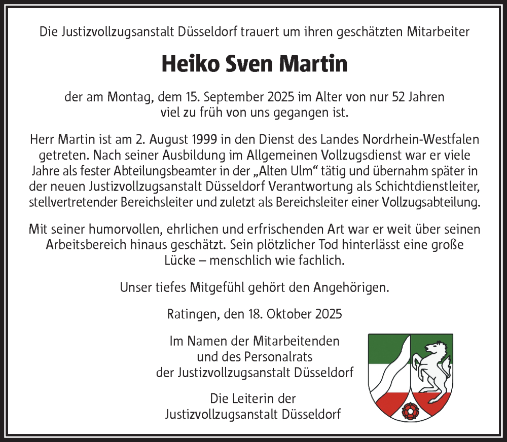  Traueranzeige für Heiko Sven Martin vom 18.10.2025 aus Rheinische Post