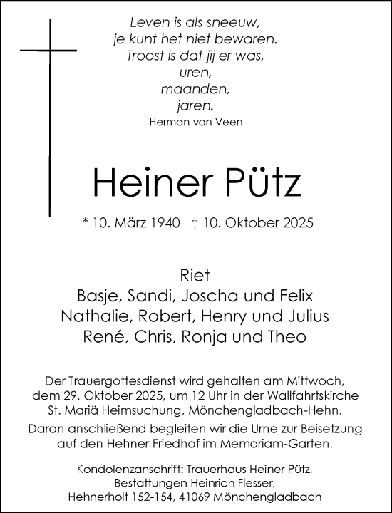Traueranzeige von Heiner Pütz von Rheinische Post