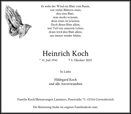 Traueranzeige von Heinrich Koch von Rheinische Post