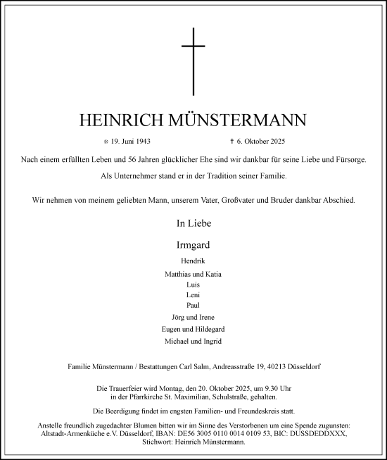Traueranzeige von Heinrich Münstermann von Rheinische Post