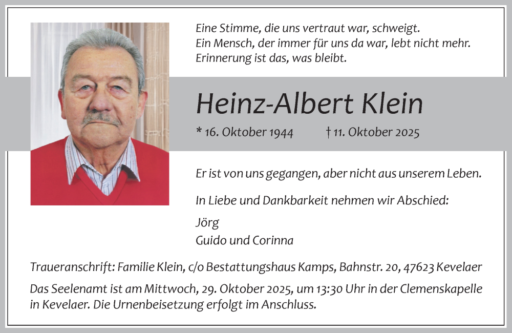  Traueranzeige für Heinz-Albert Klein vom 18.10.2025 aus Rheinische Post