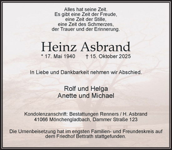 Traueranzeige von Heinz Asbrand von Rheinische Post