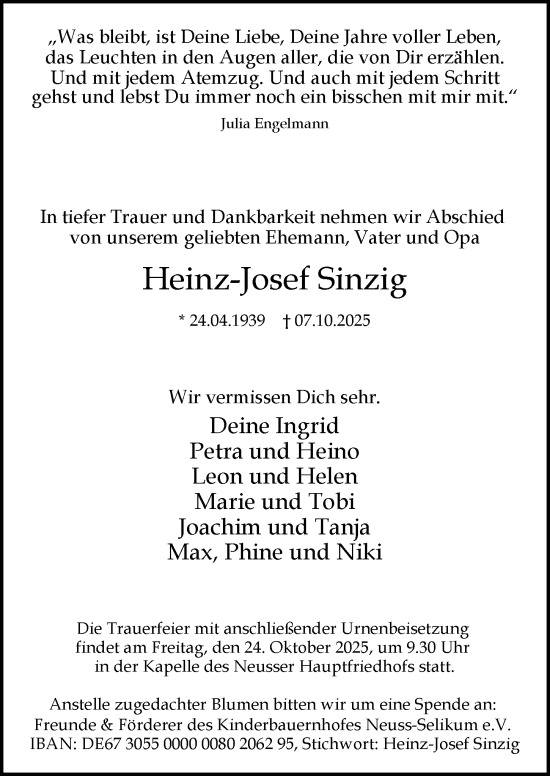 Traueranzeige von Heinz-Josef Sinzig von Rheinische Post