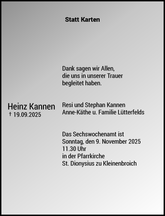 Traueranzeige von Heinz Kannen von Rheinische Post