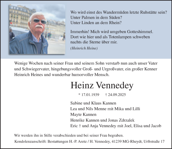 Traueranzeige von Heinz Vennedey von Rheinische Post