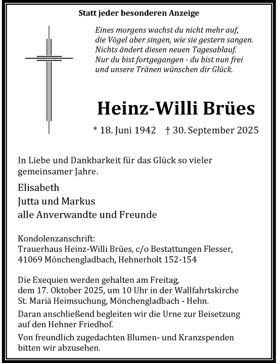 Traueranzeige von Heinz-Willi Brües von Rheinische Post