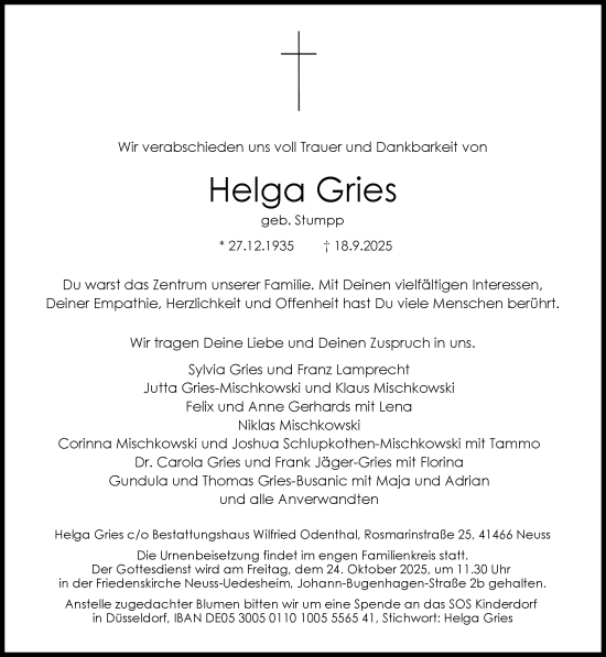 Traueranzeige von Helga Gries von Rheinische Post