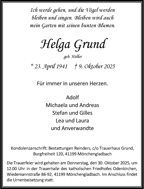Traueranzeige von Helga Grund von Rheinische Post