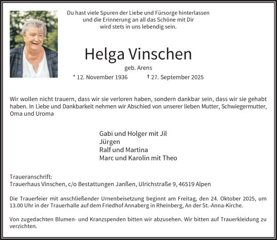 Traueranzeige von Helga Vinschen von Rheinische Post