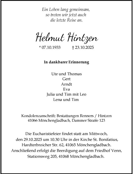 Traueranzeige von Helmut Hintzen von Rheinische Post