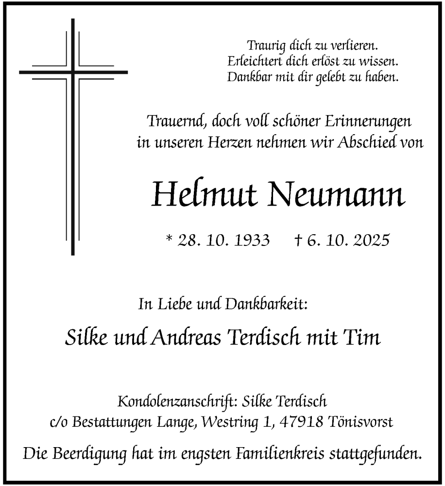  Traueranzeige für Helmut Neumann vom 11.10.2025 aus Rheinische Post