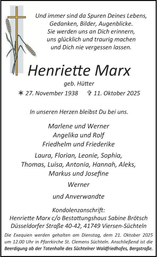  Traueranzeige für Henriette Marx vom 18.10.2025 aus Rheinische Post