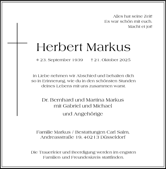 Traueranzeige von Herbert Markus von Rheinische Post