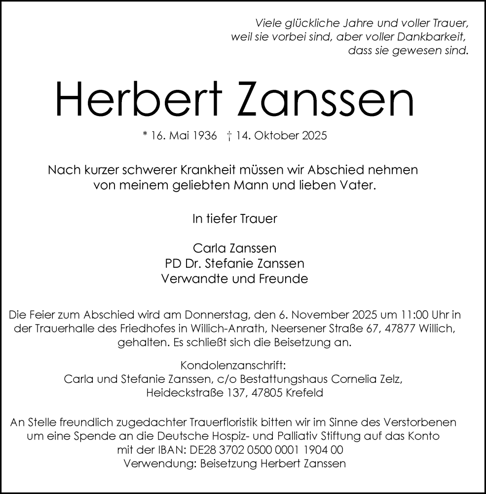  Traueranzeige für Herbert Zanssen vom 01.11.2025 aus Rheinische Post